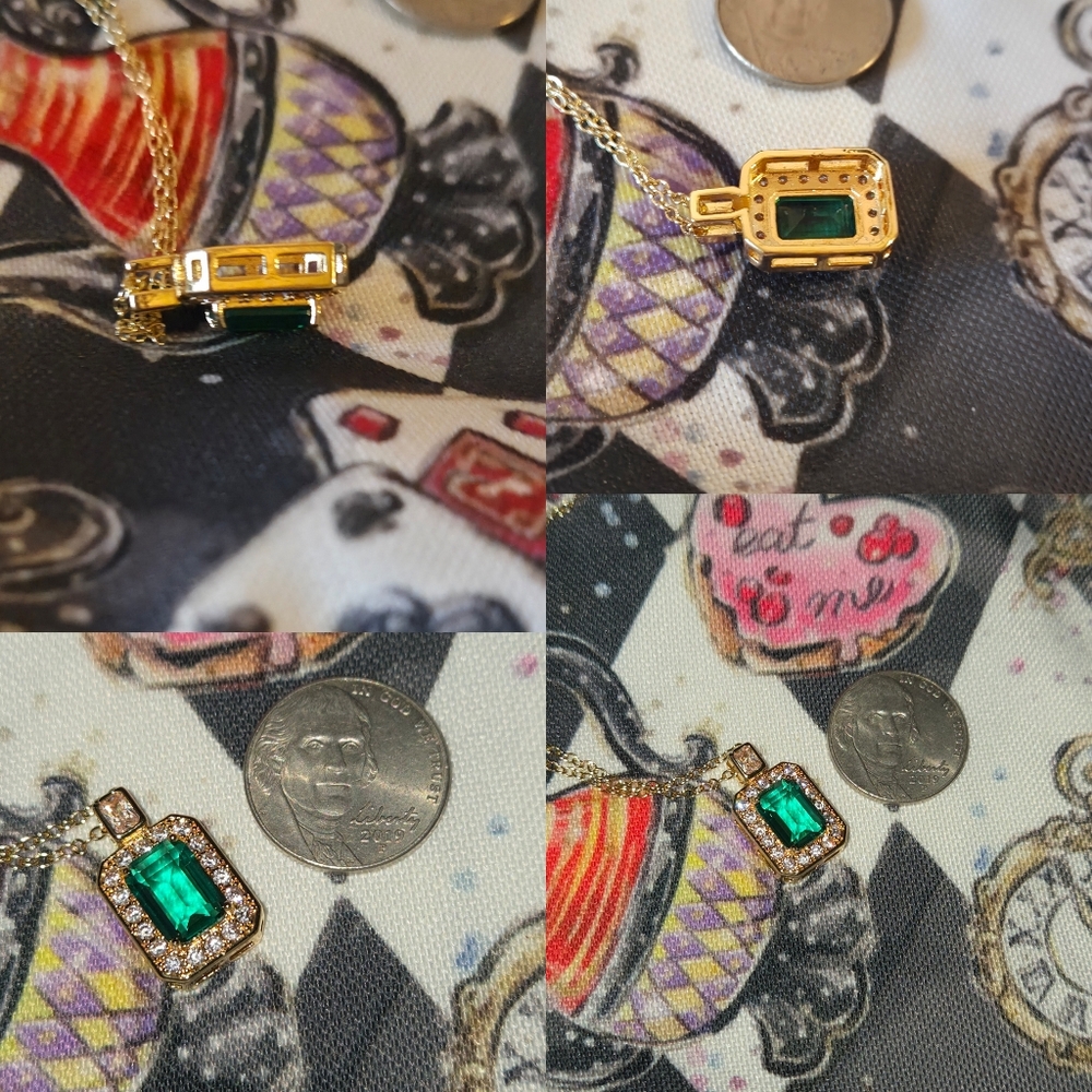 5ct Emerald-Cut Green Cubic Zirconia Micro Paved Halo Gold Tone Pendant Necklace - Picture 8 of 8